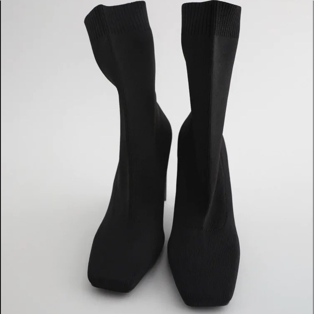Zara HEELED SOCK-STYLE ANKLE STRETCHY BOOTS SQUARE TOE BLack NEW - Picture 3 of 12